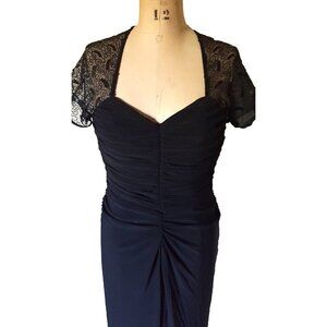 Joseph Ribkoff formal maxi gown cocktail dress, rouched, lace fitted, black M